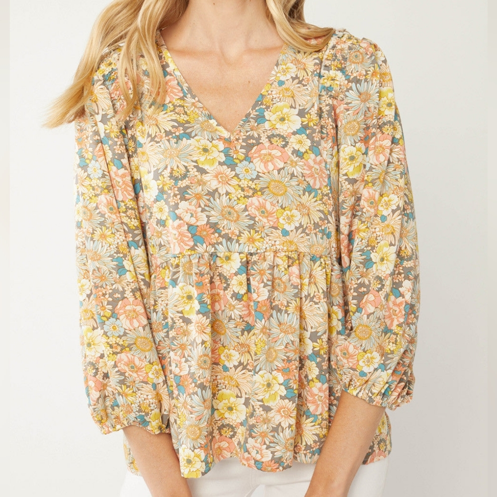 ENTRO V-Neck Floral Peplum Top, Gray, Size 1X